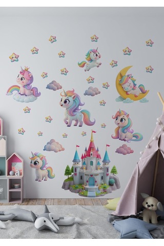 Unicorn Temalı Boy Ölçerli Duvar Sticker Seti - Çocuk Odası Duvar Dekoru, Mat Pvc, Sökülebilir, Boy Ölçer Sku: Smgstk8577edce94