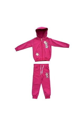Kız Çocuk Pamuklu Önden Fermuarlı Kapüşonlu İşlemeli Eşofman Takımı-15114 Fuşya
