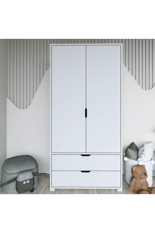 Duru 90 Cm Mat Beyaz 2 Kapılı 2 Çekmeceli Elbise Dolabı - Gardırop Beyaz