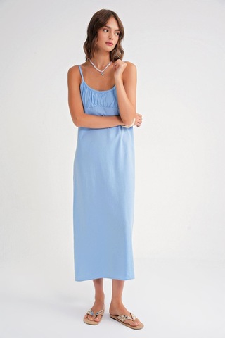 4742 Kadın İp Askılı Büzgü Detaylı Midi Elbise Bebe Mavi Bebe Mavi