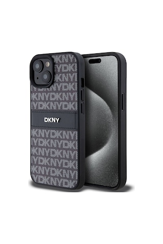 Apple Uyumlu iPhone 15 Kılıf Dkny Lisanslı 3d Yazılı Repeat Texture Pattern Kapak Siyah