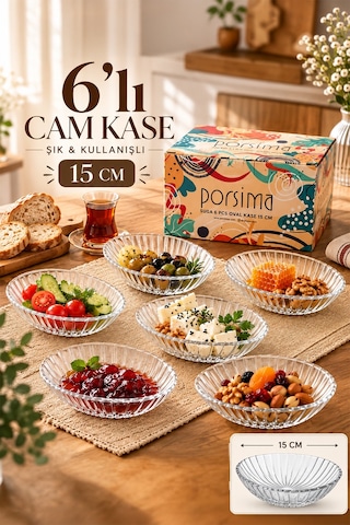 Porsima Suga 4472 6'lı Oval Cam Kase Seti 15 Cm Çerezlik, Reçellik, Kahvaltılık Ve Sosluk