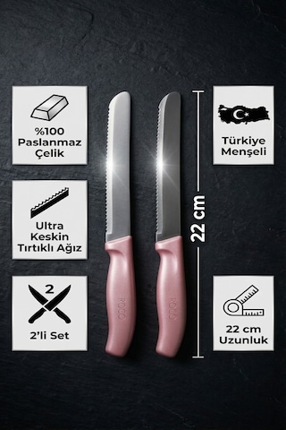Makri Home Makri Home 2'li Ultra Keskin Tırtıklı Bıçak Seti, Pembe 22 Cm Paslanmaz Çelik Beyaz - Pembe