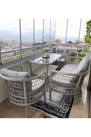 Bambu Midi 2-1-1 Alüminyum Bahçe Balkon Oturma Grubu Açık-gri