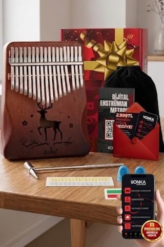 Klx-520 Hakiki Ağaç Kalimba Geyik Desenli Ahşap Full Set 17 Çelik Tuşlu