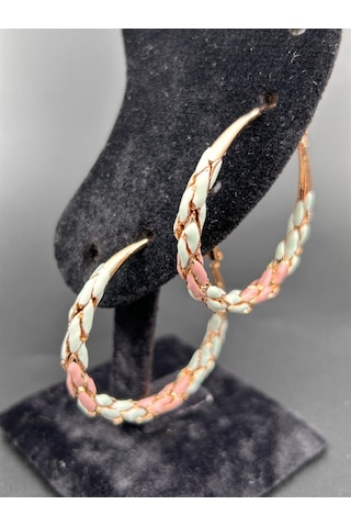 Çelik Yuvarlak Halka Mavi Yeşil Örgü Model Günlük Abiye Rose Gold Küpe