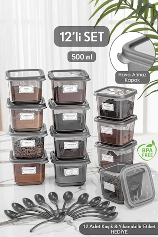 Meleni Home 12'li Set Sızdırmaz Kapaklı Kare Erzak Saklama Kabı Antrasit 12 X 0.50 Lt Etiketli