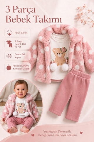 Ahengim Minik Ayıcık Baskılı Puanlı Yumuşak Dokulu Peluş Montlu 3 Lü Kız Bebek Set Takım Ak8534 Gül Kurusu