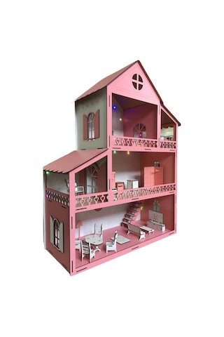 Ahşap Oyun Evi 60Cm 18 Eşya Pembe Led Işıklı