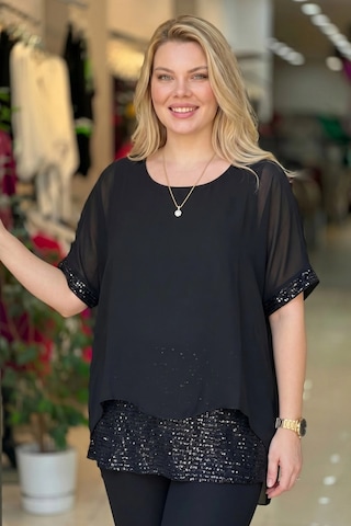 Aytemas Eteği Pullu Şifon Bluz siyah