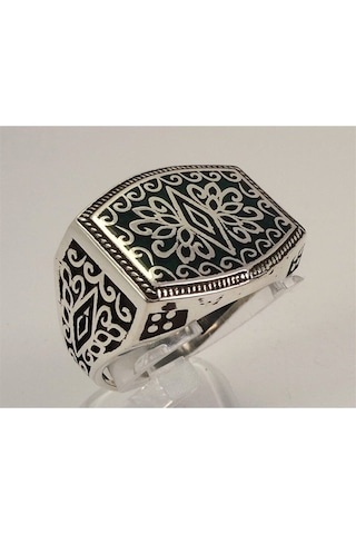 Vog Otantik Selçuklu Motifli Yeşil Mineli 925 Ayar Gümüş Erkek Yüzük