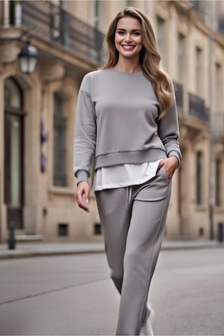 The Kadın Basic Bisiklet Yaka Etek Ucu Detaylı Sweatshirt Ve Pantolon Eşofman Takımı- Siyah/melanj/gri Gri