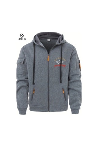 Erkek Sonbahar Ve Kış Fermuarlı Kapüşonlu Sweatshirt Açık Gri