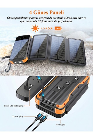20000mah Solar Powerbank - Katlanabilir 4 Panel, Darbeye Dayanıklı Kasa Ve Fenerli Kamp Şarj Aleti Siyah Turuncu