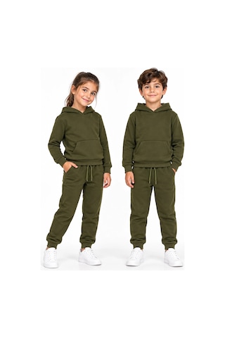 Rony Pony Kids Unisex Kız Erkek Çocuk Haki 3 İplik Kapüşonlu Kanguru Cepli Eşofman Takımı