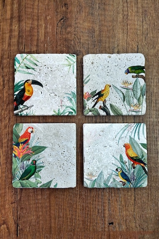 Doğal Taş Bardak Altlığı 4'lü Set 10x10x1 Cm Tropikal Kuşlar Baskılı Stone Coasters Çok Renkli