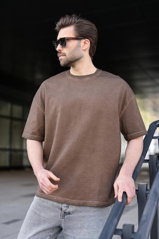 Madmext Kahverengi %100 Pamuklu Bisiklet Yaka Oversize Erkek Tişört E7177 Kahverengi