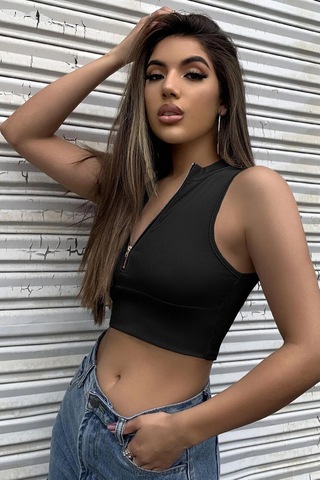 Epilons Zenvial Kadın Siyah Yarım Fermuarlı Sıfır Kol Crop Top Bluz Zenviall2