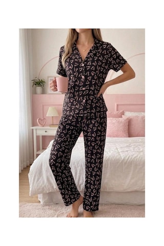 Fit Women Pembe Kalp Desenli Düğmeli Kısa Kollu Pijama Takımı 4590 Siyah