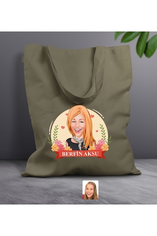Bk Gift Kişiye Özel Anneler Günü Karikatürlü Haki Kumaş Bez Çanta, Baskılı Omuz Çantası, Alışveriş Çantası, Anneye Hediye-6 Haki