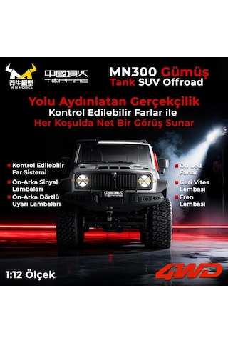 Mn Model Mn300 1/12 Tank Suv 4wd Rc Crawler Offroad Uzaktan Kumandalı Araba Arazi Aracı Model Car Truck Rtr Gümüş Mn-300 +dahili Işık Seti
