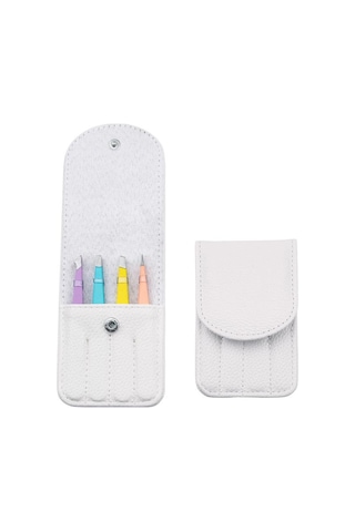 Valkyrie Deri Çantalı Eğimli Kaş Cımbız Seti Beyaz 4'lü