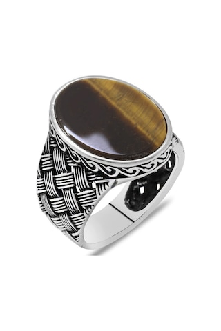 925 Ayar Gümüş Örgü Desen Düz Kaplan Gözü Taşlı Erkek Yüzük - 516126941