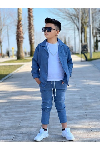 Modavals Kol Katlamalı Keten Gömlek & Beli Lastikli Keten Pantolon & Pamuklu Tshırt & Zincir Aksesuar 4lü Keten Erkek Çocuk Takım Mavi