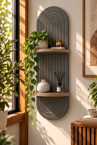 Antrasit Ahşap 2 Katlı Modern Duvar Rafı 85x30