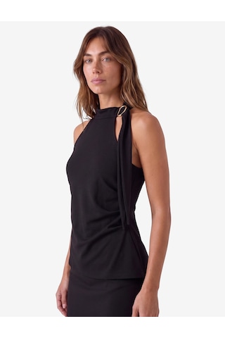 Koton Slim Fit Drapeli Asimetrik Metal Aksesuarlı Dik Yaka Kolsuz Bluz Siyah 7wak10181ek
