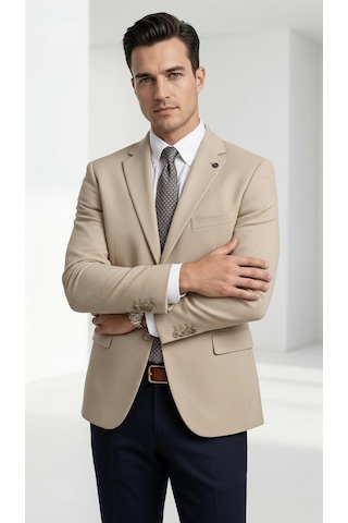 Plus Scorpion Ck 142 Slim Fit Mikro Desenli Erkek Ceket Yazlık Pike Kumaş Çift Yırtmaç Blazer Bej