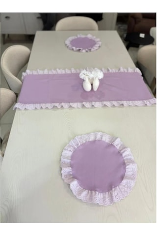 3 Parça Fisto Fırfırlı Set 2 Adet Yuvarlak Amerikan Servisi Supla + 1 Adet Fırfırlı Runner Mor
