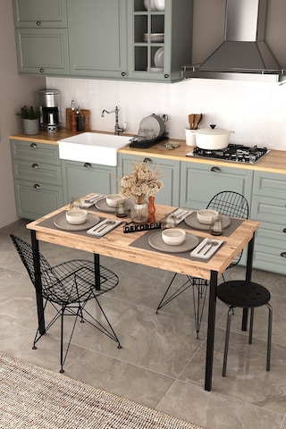 Df01113 Dekoratif Mutfak Masası 120x70 4-6 Kişilik Şık, Modern, Metal Ayaklı Salon Yemek Masası Atlantik Çam