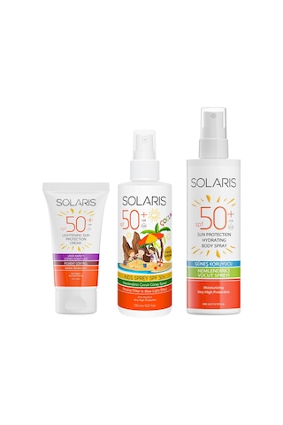 Solaris SPF 50+ Leke Karşıtı Güneş Kremi 50 ML + Çocuk SPF 50+ Güneş Kremi Sprey 150 ML + Yetişkin SPF 50+ Güneş Koruyucu Krem Sprey 200 ML