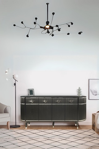 Maya Antrasit Gümüş Lüks Konsol 4 Kapaklı Şerit Detaylı Metal Ayaklı Tasarım 180x45x84 Cm