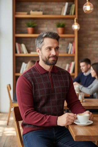 Kamalı Erkek Bordo Tüylenme Yapmayan Standart Fit Normal Kesim Kazayağı Desen Polo Yaka Triko Kazak