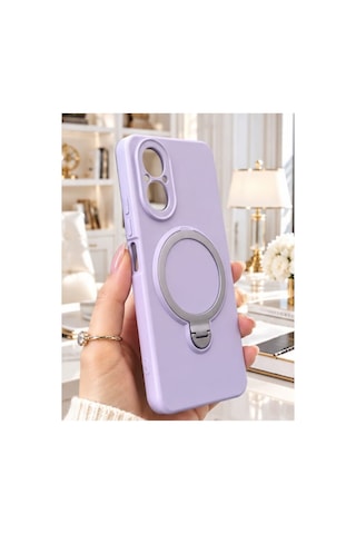 Realme C67 İle Uyumlu 360 Derece Dönebilen Kalın Metal Magsafe Halka Stantlı İçi Kadife Korumalı Ultra Lüx Premium Silikon Kılıf LİLA