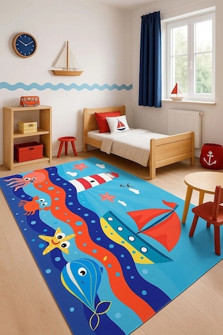 Kaptan Deniz Ve Sandal Desenli Çocuk Odası Halısı Mavi