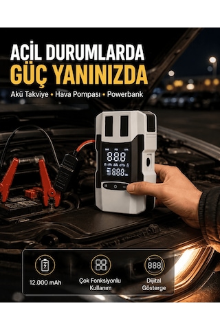 Dijital Ekranlı Araç Pompası Akü Takviye Powerbank 12.000 Mah Yeni Nesil Tkndy-bsva4969