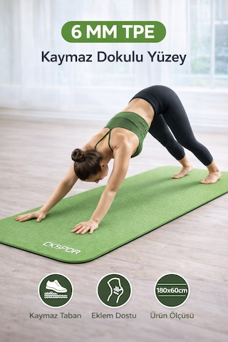 CKSpor Profesyonel Tpe Yoga Matı 6 Mm Kaymaz Taban Çift Katmanlı Spor Matı Yeşil