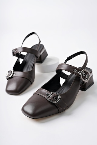 Muggo Yuqi Arkası Açık Küt Burun Çift Kemerli Kadın Günlük Klasik Kısa Topuklu Ayakkabı Kahverengi