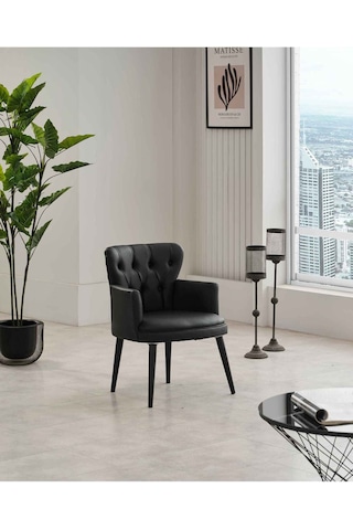 Garden House Tekli Siyah Deri Ahşap Ayaklı Ofis Koltuğu Kafe Koltuğu Sandalye Berjer Siyah