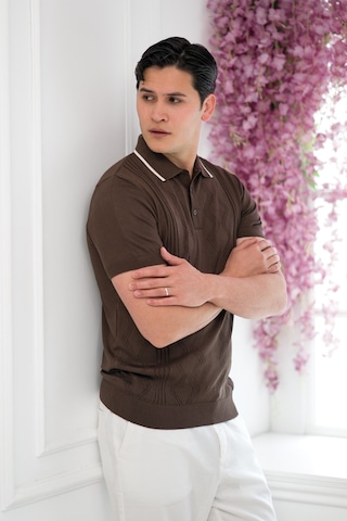 Advante Slimfit Kolları Lastikli Likralı Desenli Polo Yaka Triko T-shirt Kahverengi