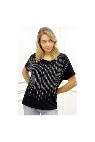 Rich Glam Bol Kesim Bisiklet Yaka Büyük Beden Crystal Taşlı Kadın T-shirt Siyah