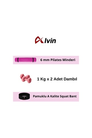 6 Mm Pilates Minderi + 2 Adet 1 Kg Dambıl + Pamuklu A Kalite Squat Bandı Fitness Egzersiz Seti Pembe