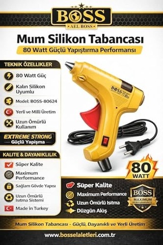 Boss 80 Watt Silikon Tabancası, Kalın 11 Mm Silikon Çubuk Uyumlu, Güçlü Ve Hızlı Yapıştırma Performansı, Yer