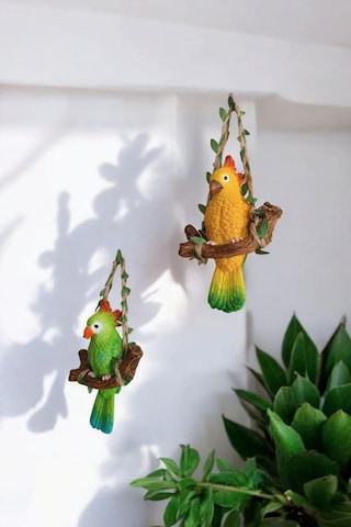 2 Adet Dekoratif Sallanan Duvar Ve Bahçe Süsü Papağan Sarı-yeşil