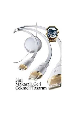 Makaralı Düğümlenmeyen 100w Type-c Süper Fast Pd Şarj Kablosu 3in1 Apple iPhone Samsung Xiaomi Uyumlu Hızlı Şarj