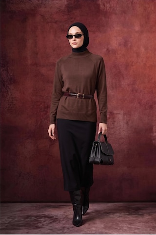 Armine Trend Bisiklet Yaka Uzun Kollu Sade Rahat Kesim Tunik Kahverengi 26ktd419