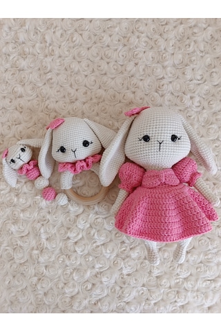 El Yapımı Amigurumi Tavşan Kız Bebek Yeni Doğan Set / Emzik Zincirine Kişiye Özel İsim Yazılır / Bebek Hediyelikleri